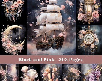 Black & Pink Shabby Chic Floral Junk Journal Pages (Digital Download)