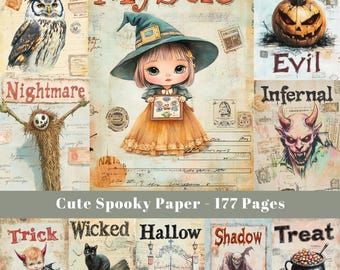 May include: A digital paper pack with 177 pages of spooky themed illustrations. The illustrations feature a witch, a devil, a pumpkin, a scarecrow, a black cat, a gate, a cauldron, and a monster. The paper pack is perfect for scrapbooking, card making, and other paper crafts.