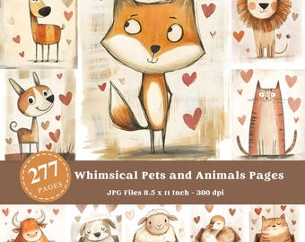 Könnte beinhalten: Ein Set mit 277 skurrilen Haustier- und Tierillustrationen im Cartoon-Stil. Die Illustrationen zeigen eine Vielzahl von Tieren, darunter einen Fuchs, eine Katze, einen Hund, ein Rentier, einen Löwen, einen Stier, ein Schaf, eine Gans und eine Katze. Die Illustrationen sind im Aquarellstil gehalten und vor einem Hintergrund aus Herzen angeordnet.