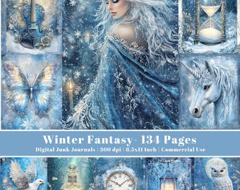 May include: A digital junk journal with a winter fantasy theme. The collage features a woman, a violin, a butterfly, an hourglass, a unicorn, a dove, a perfume bottle, a clock, a lantern, and an owl. The text reads "Winter Fantasy - 134 Pages".