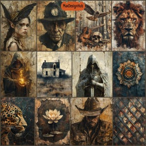 May include: A collage of nine images with a distressed, vintage aesthetic. The images include a woman with butterfly wings, a man with a clock on his hat, a lion, a hooded figure holding a glowing orb, a house, a hooded figure holding a sword, a mandala, a lotus flower, a man wearing a cowboy hat, and a metal grate.