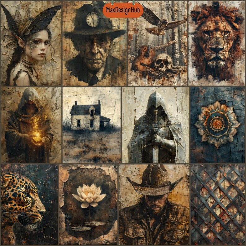 May include: A collage of nine images with a distressed, vintage aesthetic. The images include a woman with butterfly wings, a man with a clock on his hat, a lion, a hooded figure holding a glowing orb, a house, a hooded figure holding a sword, a mandala, a lotus flower, a man wearing a cowboy hat, and a metal grate.