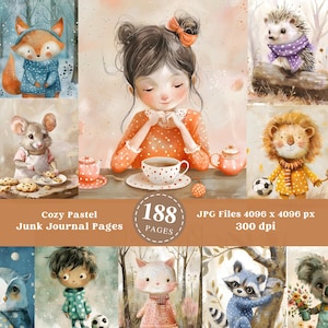 Pagina di diario stampabile con colori pastello, animali e paesaggi, carta per scrapbooking, immagine stampabile, carta digitale, download immediato, JPG