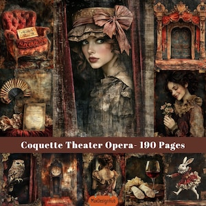 Vintage theater, pagina met ongewenste dagboeken, oud operadrama, dramadagboek, plakboekpapier, digitaal papier, vintage efemere verschijnselen, digitale download