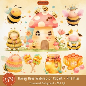 Honey Bees Watercolor Clipart, Bees Clipart, Honey Clipart, Cute Bumblebee, Sweet As Honey, Spring, Nursery Decor, Baby Wall Art, PNG