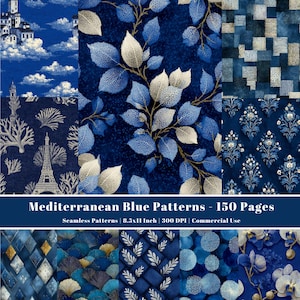 May include: A collection of blue seamless patterns with various designs, including floral, geometric, and architectural motifs. The patterns are displayed in a grid, with the text "Mediterranean Blue Patterns - 150 Pages" at the bottom.