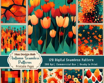 Autumn Seamless Patterns Bundle, Fall Digital Papers, Seamless Backgrounds, Retro Floral Leaves Designs