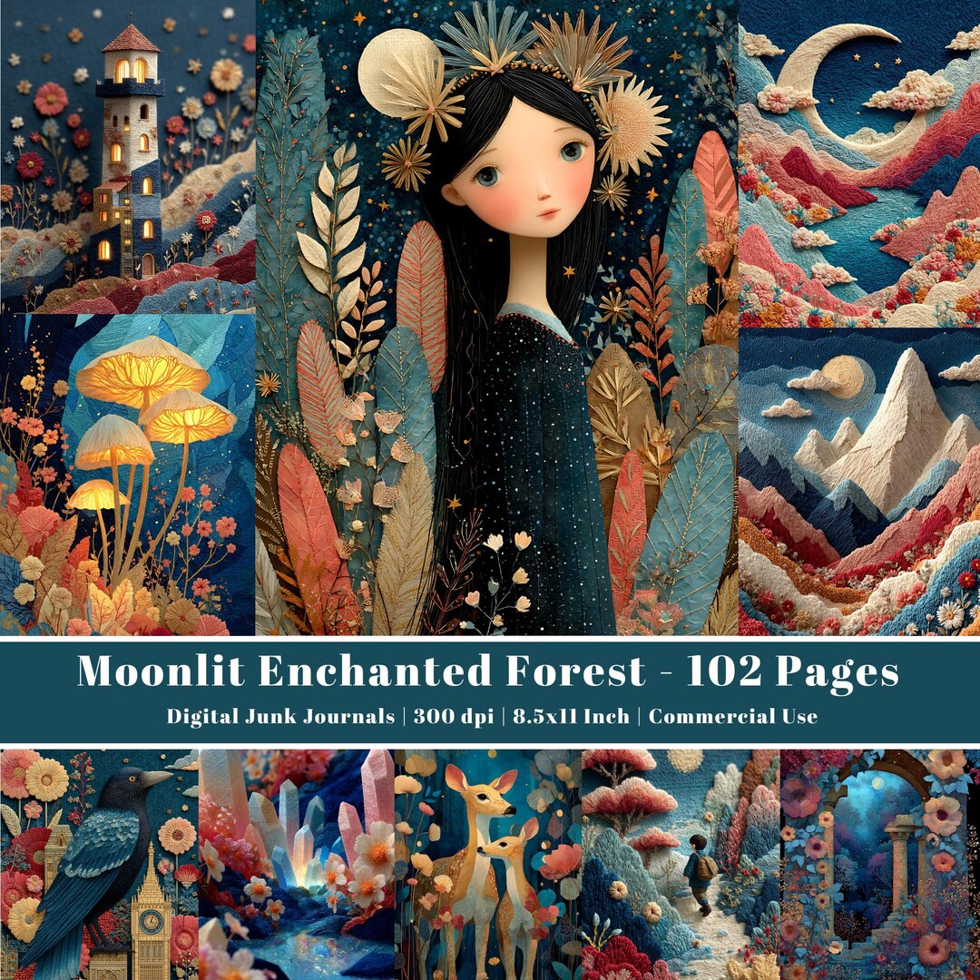 Moonlit Enchanted Forest Junk Journal Pages, Whimsical Fantasy Woodland ...