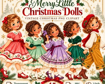 Merry Little Christmas Dolls, 45 Vintage Girl PNG Clipart, Printable JPEG Fussy Cuts