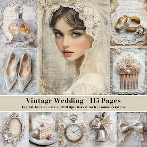 May include: A collage featuring vintage wedding elements. Includes a portrait of a woman in a veil, bridal shoes, perfume bottle, wedding rings, a hair comb, a slice of cake, a pocket watch, a bell, and a bow. The text "Vintage Wedding - 115 Pages" is also present.