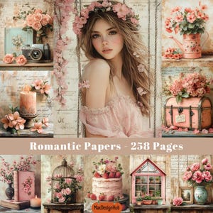 Página romántica de diario basura, Shabby Chic, Efímera de San Valentín, Amor, Romántico, Flor, Rosa, Papel para álbumes de recortes, Papel para collage, Página imprimible