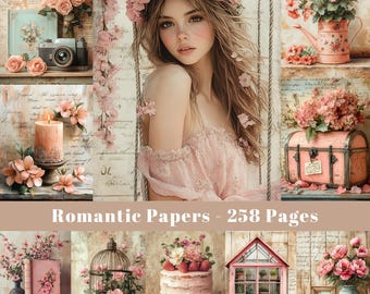 Romantic Junk Journal Page, Shabby Chic, Ephemera Valentine, Love, Romantic, Flower, Rose, Scrapbooking Paper, Collage Paper, Printable page
