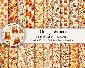 Orange Autumn Watercolor Printable Paper Digital Paper, Autumn Pattern, Fall Leaves Junk Journal, Card Making, Scrapbooking Paper, JPG