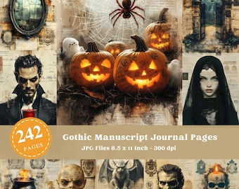 Gothic Halloween Journal Pages: Spooky Skeletons, Aged Script (Digital Paper)