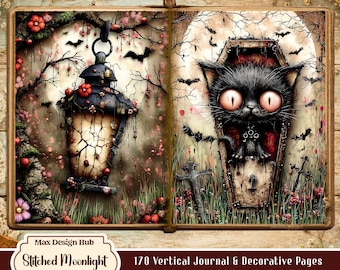 Stitched Moonlight Gothic Junk Journal Pages, Dark Fantasy Printable, Vintage Halloween Scrapbook, Creepy Storybook