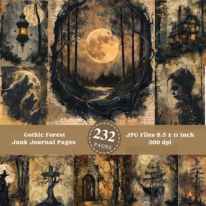 Pagine di diario stampabili "Foresta Gotica", carta per scrapbooking, carta digitale, Halloween, scheletri, boschi, corsivo, carta invecchiata, collage