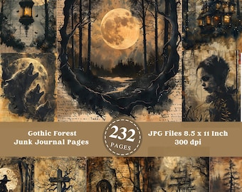 May include: A collage of 232 digital paper pages featuring a gothic forest theme. The pages include images of a full moon, a spooky house, a cross, a graveyard, a ship, and a wolf howling at the moon. The pages are 8.5 x 11 inches and 300 dpi.