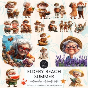 Old Lady Beach Summer Watercolor Clipart , Cozy Clipart, Paper Craft, Junk Journal, Digital paper, Printable Image, Sublimation, PNG