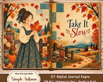 Simple Autumn Junk Journal Pages, Cozy Fall Printable, Vintage Folk Art Scrapbook Paper