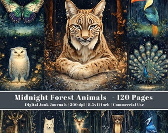 Midnight Forest Animal Junk Journal Pages: Printable Ephemera, Scrapbook Supplies, Watercolor Image, Digital Download