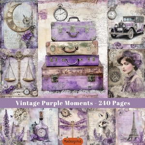 Vintage Purple Moment, Junk Journal Seiten, Lila Collage Sheet, Shabby Chic, Digitales Papier, für Scrapbooking, Vintage Ephemera, Papiermodelle