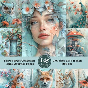 Pagine di diario di Fairy Forest Junk, Foresta incantata, Fungo JPG, Fogli di collage stampabili, Carta per album digitale, Download fantasy