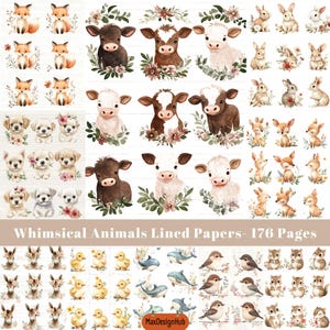 Whimsical Animals Lined Papers, Junk Journal Pages, Lined Collage Sheet, Nursery Art, Paper Craft, Printable Image, Digital Paper
