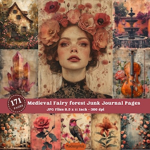 Middeleeuws sprookjesbos ongewenste dagboek, vintage ephemera, bloemen digitaal papier, antiek oud papier, afdrukbare afbeelding, plakboekpapier