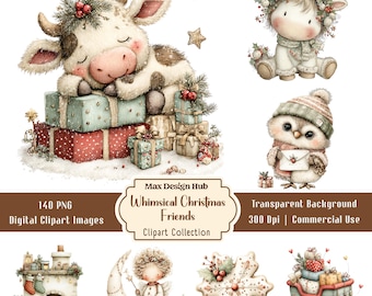 Whimsical Christmas Friends Clipart, Transparent PNG, Vintage Holiday Characters, Storybook Winter Graphics