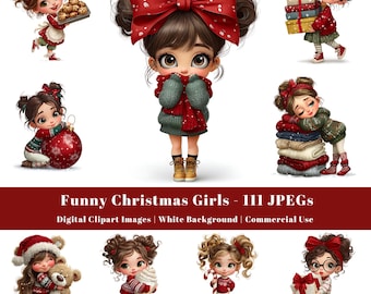 Holiday Girl Clipart Bundle, Whimsical Character Collection, Winter JPEG Graphics, Junk Journal Supply