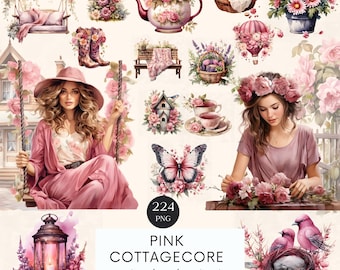 Pink Cottagecore Watercolor Clipart: 224 PNG Illustrations (Digital Download)