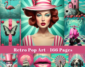 May include: A collage of retro pop art images featuring a woman with pink and white striped hat, a pink flamingo, a butterfly, a pink scooter, a pink and white striped Ferris wheel, a pink and white striped building, a pink and white striped umbrella, a pink and white striped ship, a pink and white striped lips, a pink and white striped ice cream cone, and a pink and white striped dog. The collage is titled "Retro Pop Art - 166 Pages".