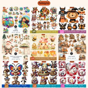 May include: A collection of nine digital clipart sets featuring various themes, including 70s hippie, tropical Hawaiian Christmas, honey bees, cute quirky Halloween, wild west, cute crochet, cute animal in toys, and cute Valentine. Each set includes multiple colourful illustrations with transparent backgrounds.