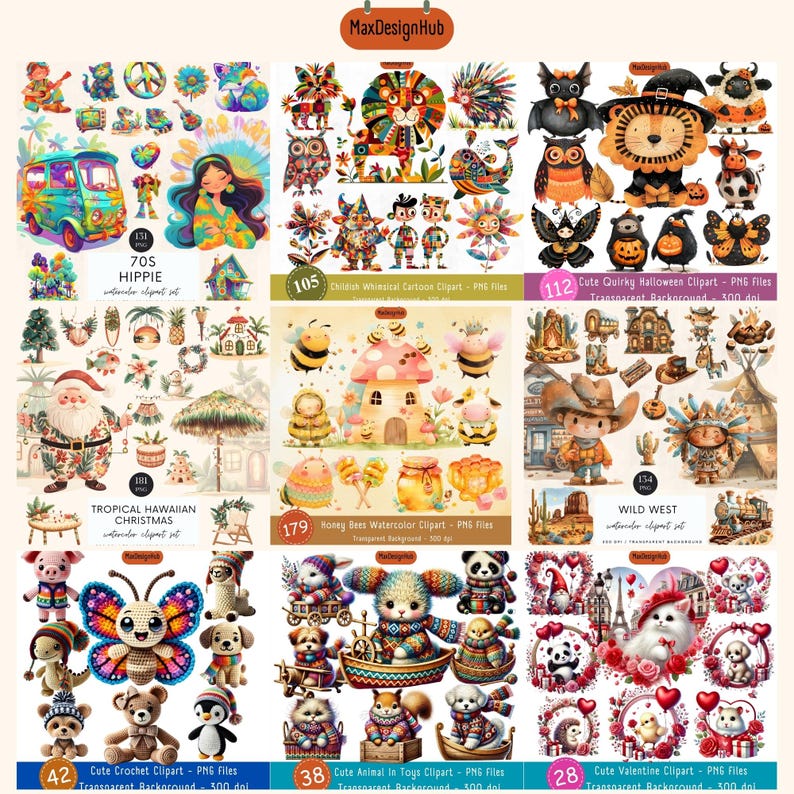 May include: A collection of nine digital clipart sets featuring various themes, including 70s hippie, tropical Hawaiian Christmas, honey bees, cute quirky Halloween, wild west, cute crochet, cute animal in toys, and cute Valentine. Each set includes multiple colourful illustrations with transparent backgrounds.