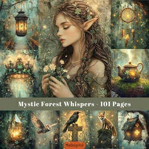 Op de afbeelding: Digitale kunst met een vrouw met elfenoren, bloemen vasthoudend, omringd door bosafbeeldingen. Bevat een lantaarn, dromenvanger en een theepot. De tekst "Mystic Forest Whispers - 101 Pages" staat onderaan.