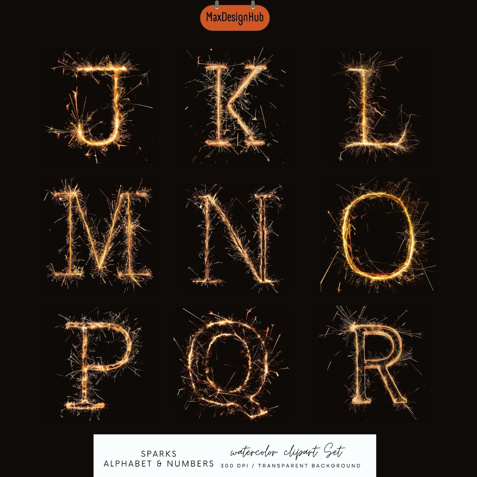 Sparks Alphabet Clipart: Glowing Letters PNG, Black Background (digital ...