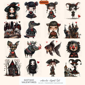 May include: A set of 12 watercolour clipart illustrations featuring gothic Valentine's Day themes. The illustrations include a witch, a vampire, a jester, a crocodile, a fish, a lion, a pig, a chihuahua, a girl with roses, a girl with a heart, a haunted house, and a castle. The illustrations are in a gothic style with black and red colours.