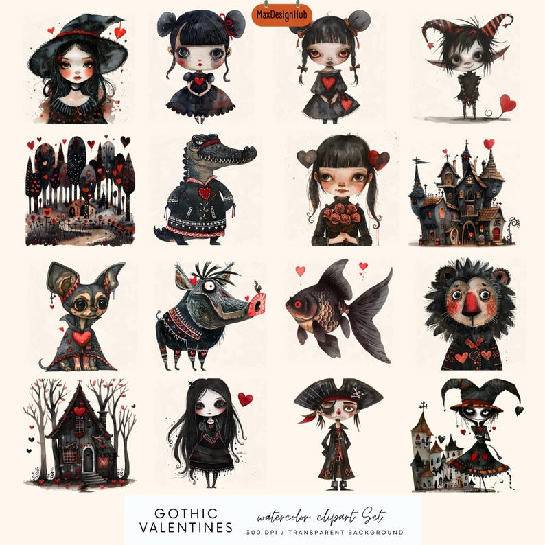 May include: A set of 12 watercolour clipart illustrations featuring gothic Valentine's Day themes. The illustrations include a witch, a vampire, a jester, a crocodile, a fish, a lion, a pig, a chihuahua, a girl with roses, a girl with a heart, a haunted house, and a castle. The illustrations are in a gothic style with black and red colours.
