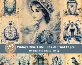 Blue Toile Junk Journal Pages: Vintage Scrapbook Paper (Digital Download)