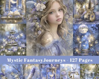 Puede incluir: Un collage de arte digital con temática mística, que presenta a una joven con cabello rubio y un vestido azul, rodeada de elementos fantásticos como mariposas, un violín y un arco iluminado por la luna. Se muestra el texto "Mystic Fantasy Journeys - 127 Pages".