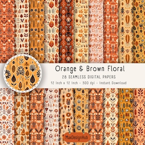 May include: Set of 28 digital papers featuring orange and brown floral patterns. Each paper is 12 inches by 12 inches and 300 dpi.