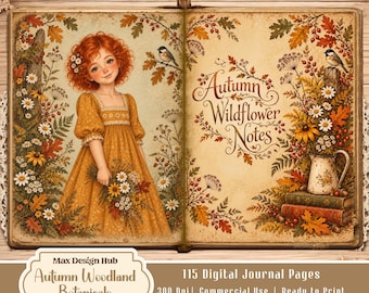 Autumn Woodland Botanicals Junk Journal Kit, Vintage Fall Printable Pages, Nature Ephemera
