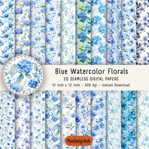 20 Blue Watercolor Floral Pattern - Floral Seamless Pattern – Floral botanical Scrapbook – Junk Journal Paper – Instant Digital Download