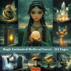 Forêt médiévale enchantée, Pages de journal indésirable, magique, fantastique, forêt enchantée, éphémères vintage, image imprimable, papier de scrapbooking