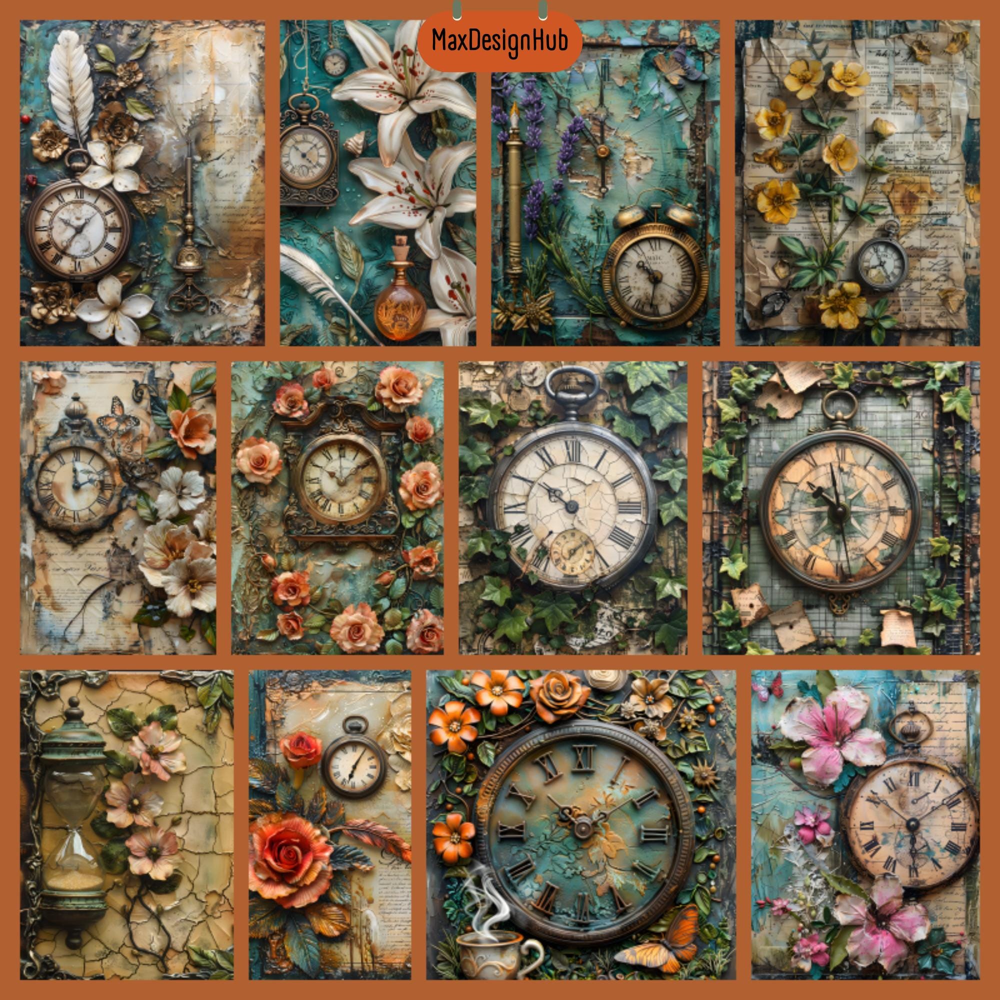 Vintage Clock Junk Journal Pages: Floral Ephemera Collage (digital ...