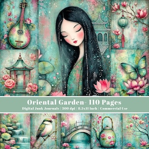 Puede incluir: Una colección de diarios digitales titulada Oriental Garden con 110 páginas, 300 dpi y dimensiones de 21,59x27,94 cm. La ilustración muestra a una persona con cabello negro largo, un instrumento de cuerda, una pagoda, una linterna y una tetera.