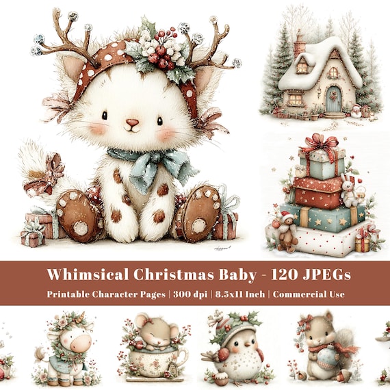 Whimsical Christmas Clipart Bundle, Winter Character JPEGs, Storybook Animals, Watercolor Illustrations, Commercial Use