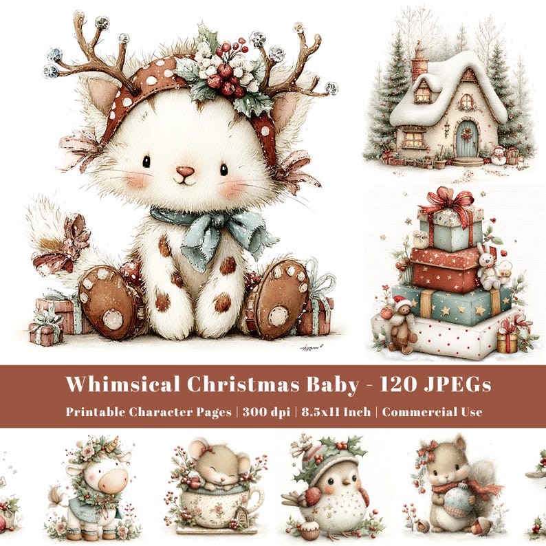 May include: A digital collection of Christmas-themed illustrations featuring a kitten wearing reindeer antlers, a snow-covered cottage, stacked gift boxes, a cow, a mouse in a teacup, a bird in a hat, and a squirrel holding an ornament.