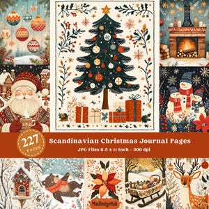 Pagina di diario di Natale scandinavo stampabile, carta digitale di arte popolare, stagione festiva, carta per album, vacanze invernali, Babbo Natale, pupazzo di neve
