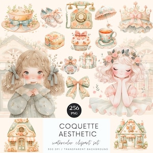 Coquette Aquarell Clipart: Schleifen, Cottagecore Bilder (Digital Stickers)